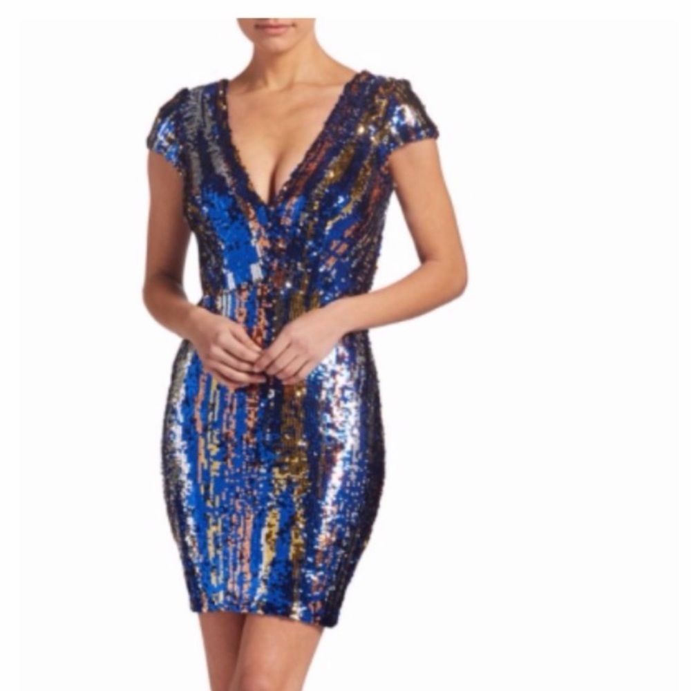Dress the Population Zoe Blue and Gold Sequin V-Neck Mini Dress medium